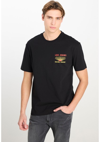 %100 Pamuk Relaxed Fit Geniş Kesim Bisiklet Yaka Siyah Tişört