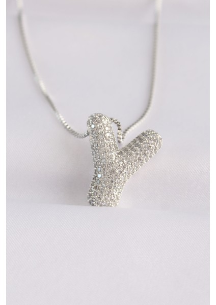 316L Çelik Zincirli Zirkon Taşlı Y Harfli Silver Renk Bubble Kolye