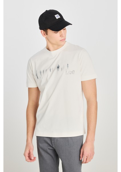 %100 Pamuk Regular Fit Normal Kesim Bisiklet Yaka Baskılı Ekru Tişört