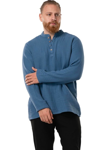 Uzun Kol Erkek Hakim Yaka Double Müslin Sonbahar ve Kışlık Sweatshirt Indigo Indg fiyatları