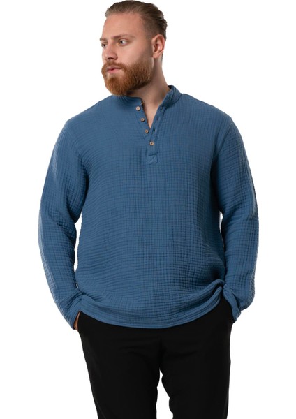 Uzun Kol Erkek Hakim Yaka Double Müslin Sonbahar ve Kışlık Sweatshirt Indigo Indg modelleri