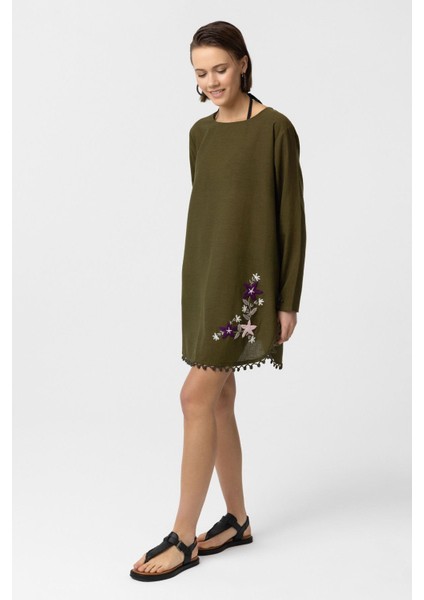 Yeşil Nakış İşlemeli Uzun Kollu Pamuklu Bluz Elbise fiyatları