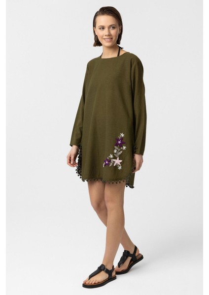 Yeşil Nakış İşlemeli Uzun Kollu Pamuklu Bluz Elbise modelleri