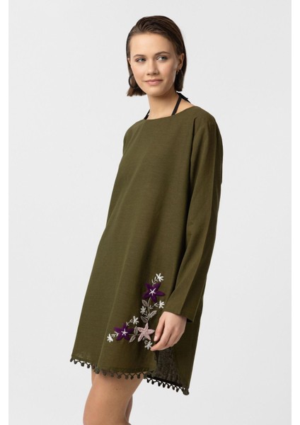 Yeşil Nakış İşlemeli Uzun Kollu Pamuklu Bluz Elbise fırsatları