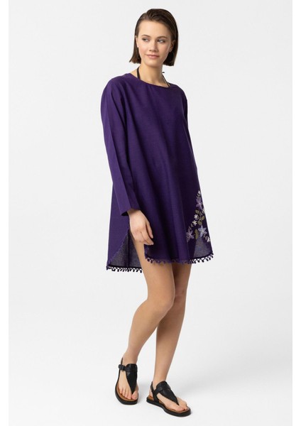 Mor Nakış İşlemeli Uzun Kollu Pamuklu Bluz Elbise fiyatları