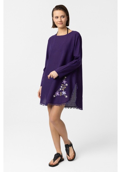 Mor Nakış İşlemeli Uzun Kollu Pamuklu Bluz Elbise fırsatları