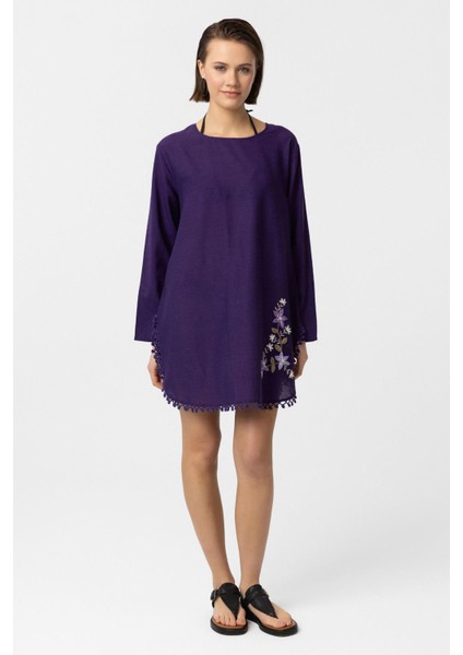 Mor Nakış İşlemeli Uzun Kollu Pamuklu Bluz Elbise