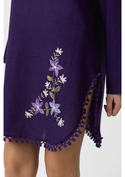 Mor Nakış İşlemeli Uzun Kollu Pamuklu Bluz Elbise indirimleri