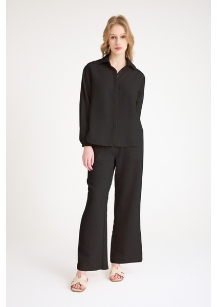 Yazlık Gömlek Pantolon Ikili Siyah Keten Takım