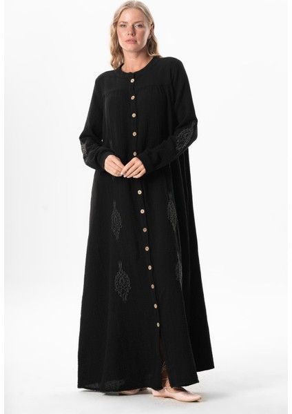 Uzun Kol Laçin Baskılı Müslin Mevsimlik Ferace Siyah Syh