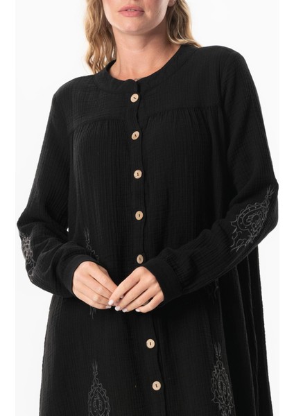 Uzun Kol Laçin Baskılı Müslin Mevsimlik Ferace Siyah Syh modelleri