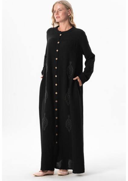 Uzun Kol Laçin Baskılı Müslin Mevsimlik Ferace Siyah Syh fırsatları
