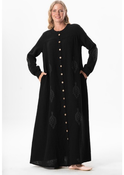 Uzun Kol Laçin Baskılı Müslin Mevsimlik Ferace Siyah Syh indirimleri