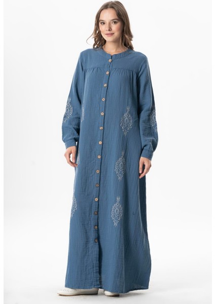 Uzun Kol Laçin Baskılı Müslin Mevsimlik Ferace Indigo Indg
