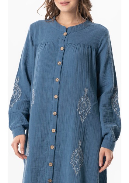 Uzun Kol Laçin Baskılı Müslin Mevsimlik Ferace Indigo Indg modelleri