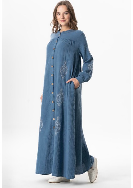 Uzun Kol Laçin Baskılı Müslin Mevsimlik Ferace Indigo Indg fırsatları