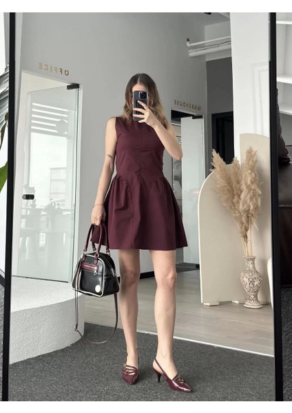 Fermuar Detaylı Mini Elbise - Kahve