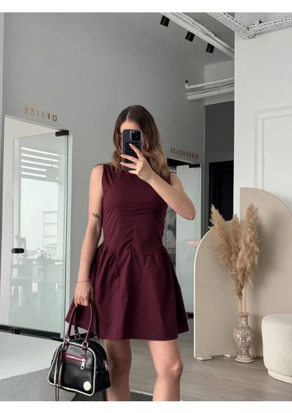 Fermuar Detaylı Mini Elbise - Kahve
