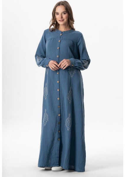 Uzun Kol Laçin Baskılı Müslin Mevsimlik Ferace Indigo Indg indirimleri