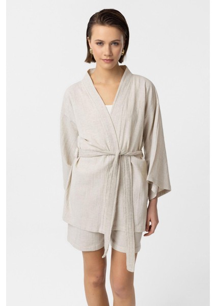 Krem Doğal Keten Şortlu Takım Kimono