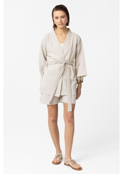 Krem Doğal Keten Şortlu Takım Kimono