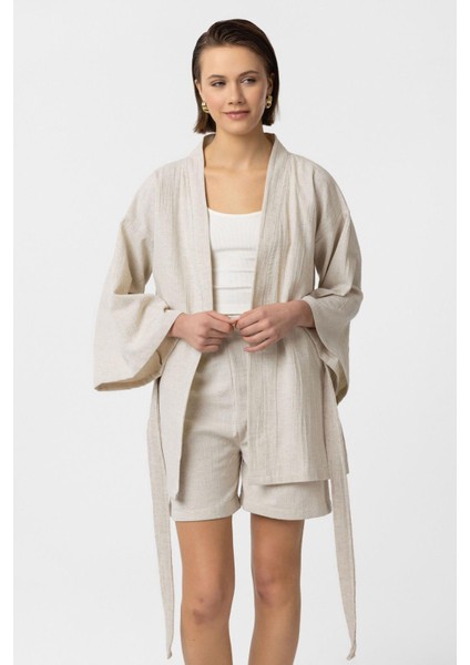 Krem Doğal Keten Şortlu Takım Kimono