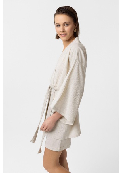 Krem Doğal Keten Şortlu Takım Kimono