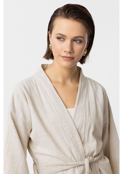 Krem Doğal Keten Şortlu Takım Kimono
