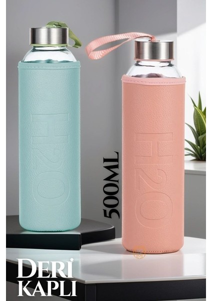 Deri Kılıflı Borosilikat Matara 500 ml 2 Renk 2 Li Set
