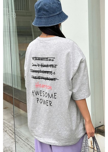 Kadın Aweasome Gri Oversize Sırt Baskılı T-Shirt Tee