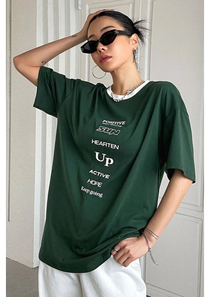 Kadın Yeşil Yaka Beyaz Positive Oversize T-Shirt Shoulder Tee fiyatları