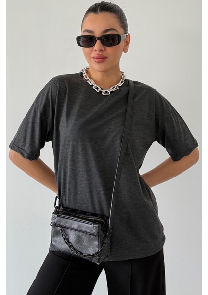Kadın Kırçıllı Antrasit Bisiklet Yaka Düz T-Shirt