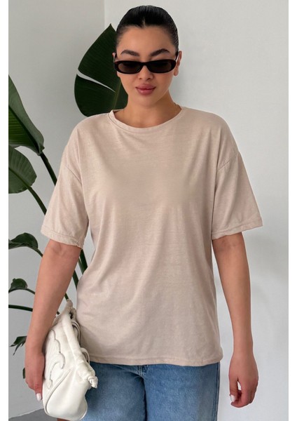 Kadın Bej Bisiklet Yaka Düz T-Shirt