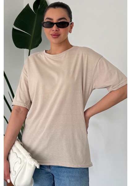 Kadın Bej Bisiklet Yaka Düz T-Shirt fiyatları
