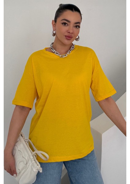 Kadın Sarı Bisiklet Yaka Düz T-Shirt