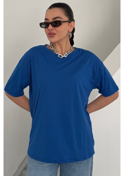 Kadın Saks Mavi Bisiklet Yaka Düz T-Shirt