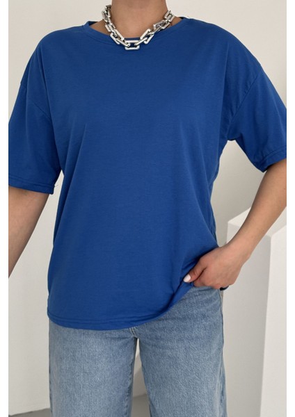 Kadın Saks Mavi Bisiklet Yaka Düz T-Shirt