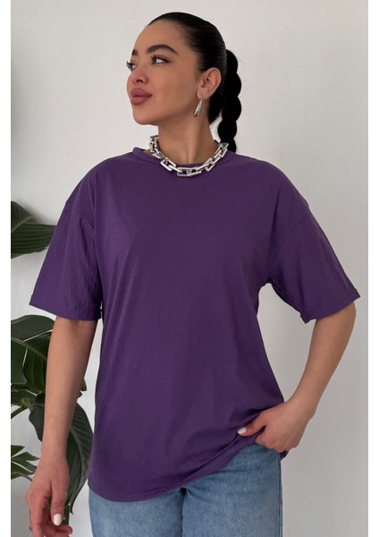 Kadın Mor Bisiklet Yaka Düz T-Shirt