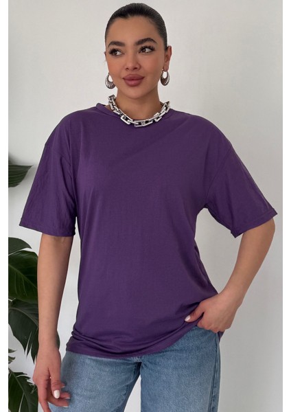 Kadın Mor Bisiklet Yaka Düz T-Shirt fiyatları