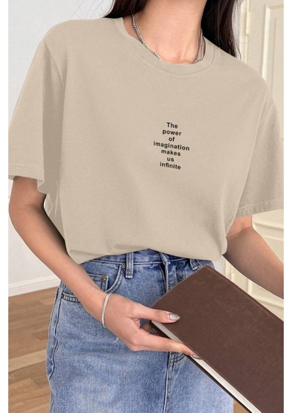 Kadın Bej Bisiklet Yaka The Power Baskılı Oversize T-Shirt
