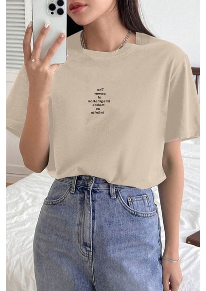 Kadın Bej Bisiklet Yaka The Power Baskılı Oversize T-Shirt fiyatları