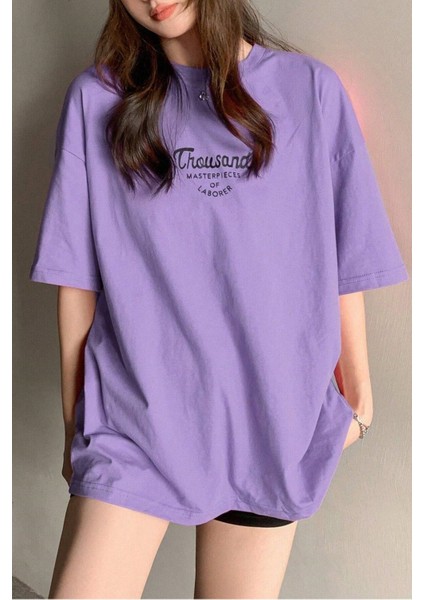 Kadın Mor Bisiklet Yaka Thousand Baskılı Oversize T-Shirt