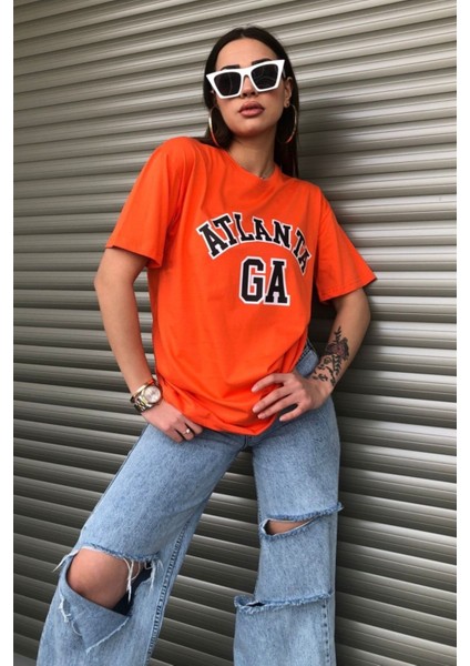 Kadın Turuncu Atlanta Baskılı Oversize T-Shirt fiyatları