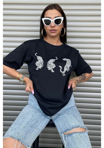 Kadın Siyah Penye Kaplan Baskılı Oversize T-Shirt