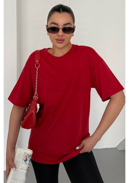 Kadın Kırmızı Bisiklet Yaka Düz T-Shirt