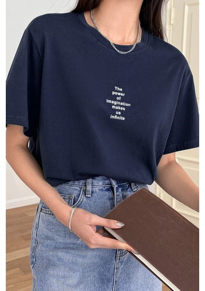 Kadın Lacivert The Power Of Baskılı Oversize T-Shirt