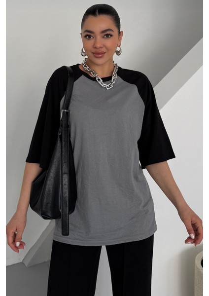 Kadın Antrasit Siyah Reglan Kol Bisiklet Yaka Düz Oversize T-Shirt fiyatları