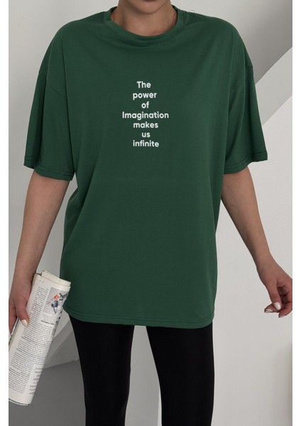 Kadın Yeşil Bisiklet Yaka The Power Yazılı Baskılı Oversize T-Shirt fiyatları