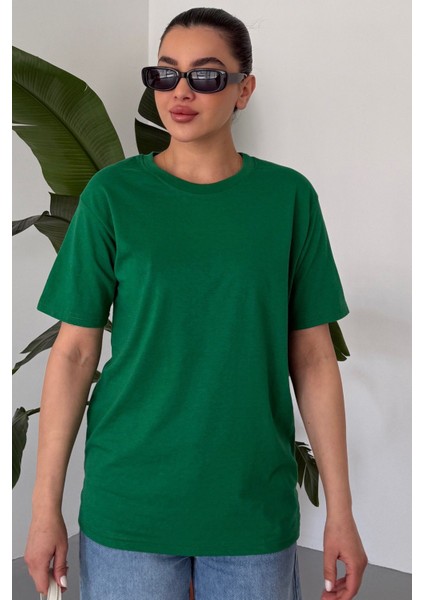 Kadın Yeşil Bisiklet Yaka Düz T-Shirt