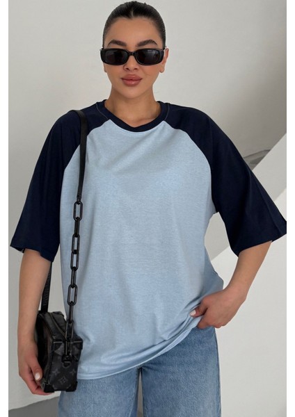 Kadın Bebe Mavi Reglan Kol Bisiklet Yaka Düz Oversize T-Shirt